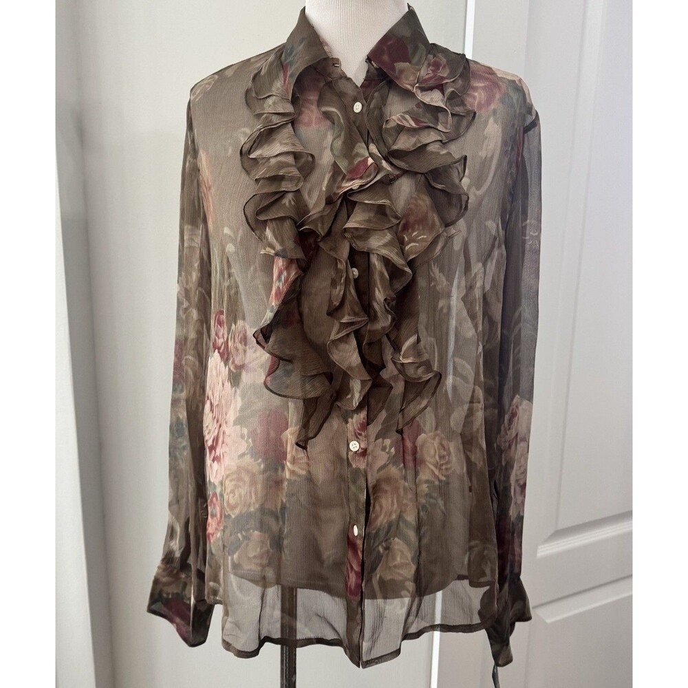 Lauren Ralph Lauren XL New Silk Blouse Floral Flare Long Sleeve Top Shirt Ruffle